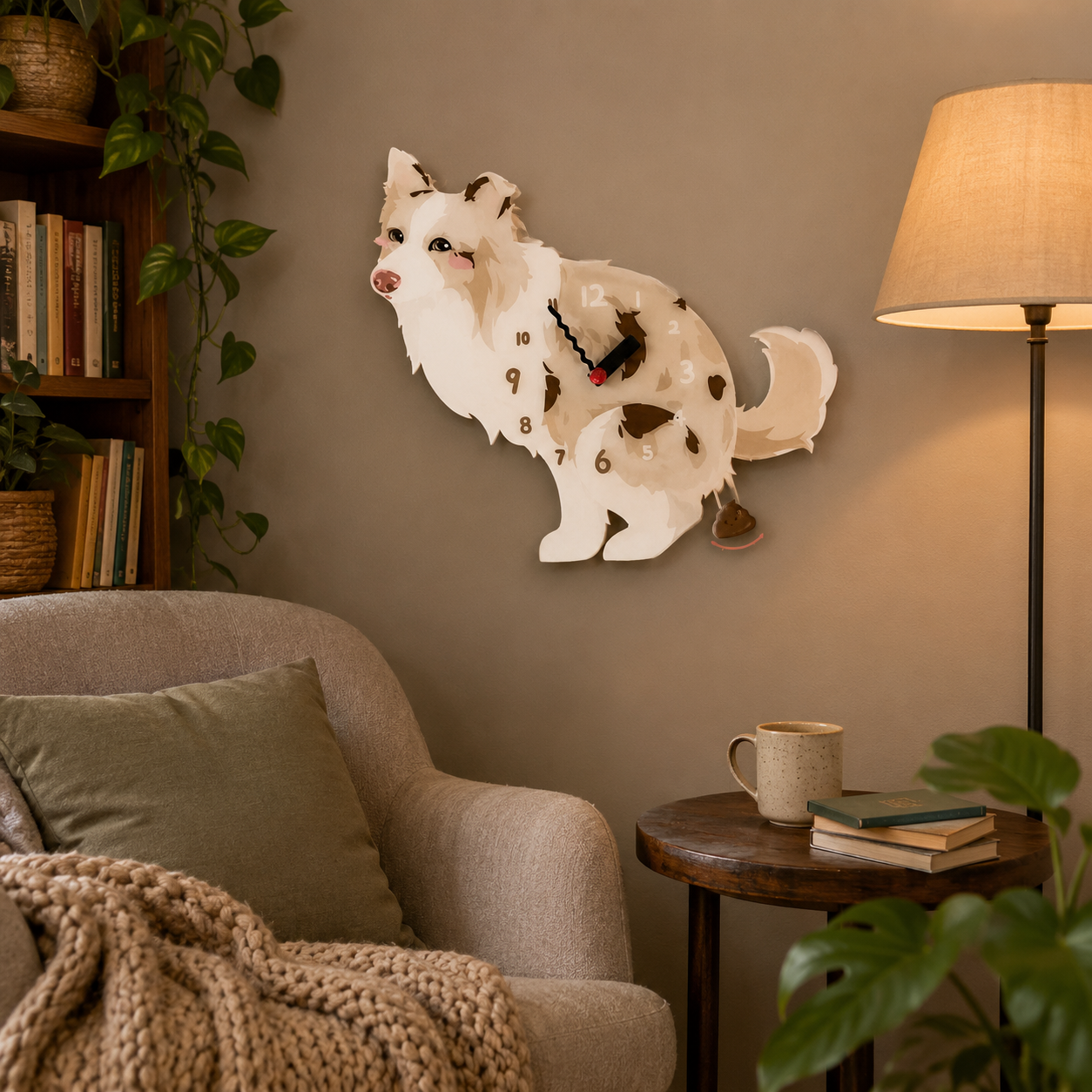 Red Merle Border Collie gift idea with silent quartz movement and swinging poop pendulum
