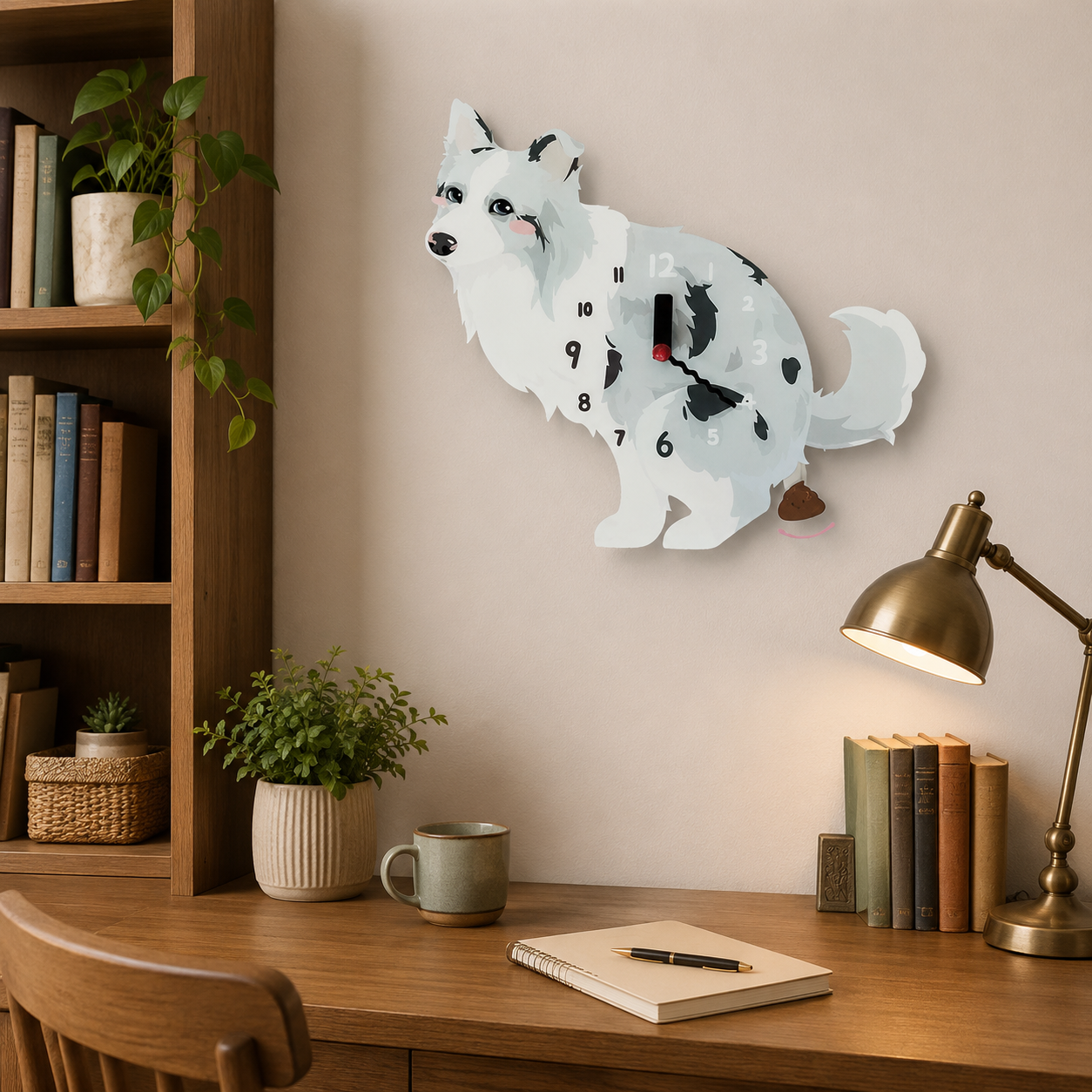 Blue Merle Border Collie gift idea with silent quartz movement and swinging poop pendulum