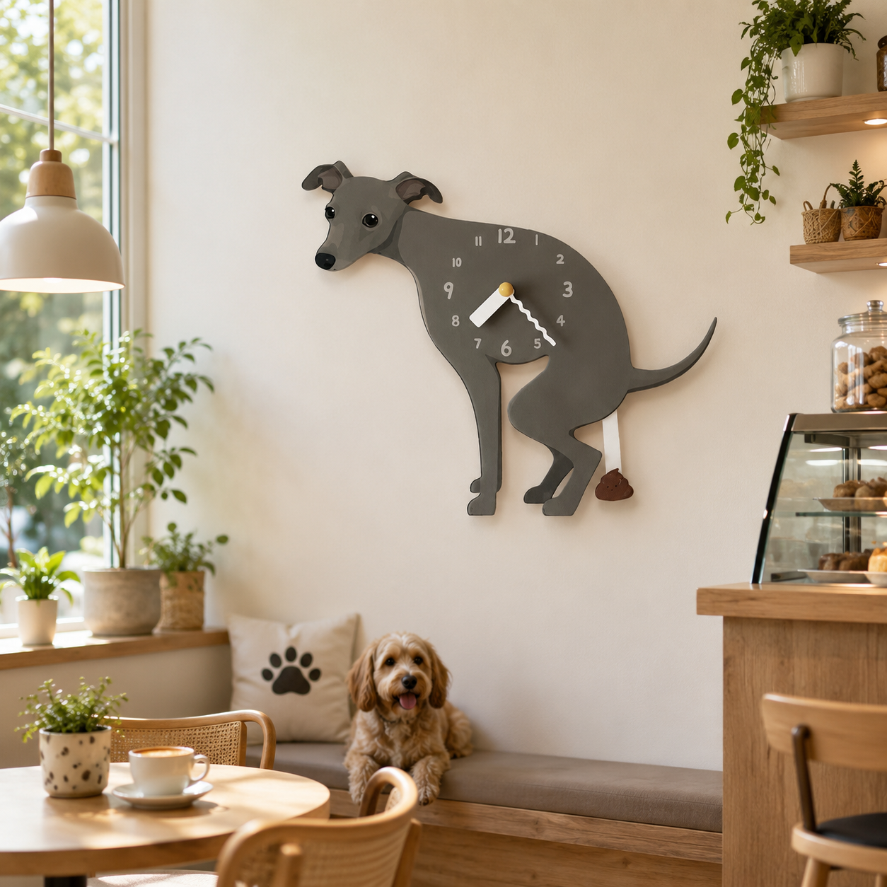 Gray Greyhound gift idea with silent quartz movement and swinging poop pendulum