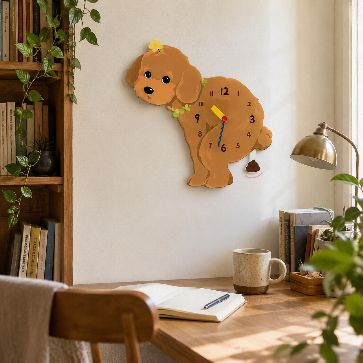 Brown Teddy Poodle gift idea with silent quartz movement and swinging poop pendulum