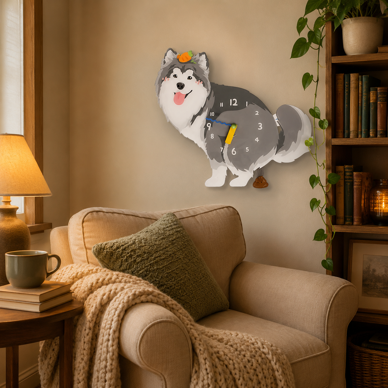 Gray Peach Alaskan Malamute gift idea with silent quartz movement and swinging poop pendulum