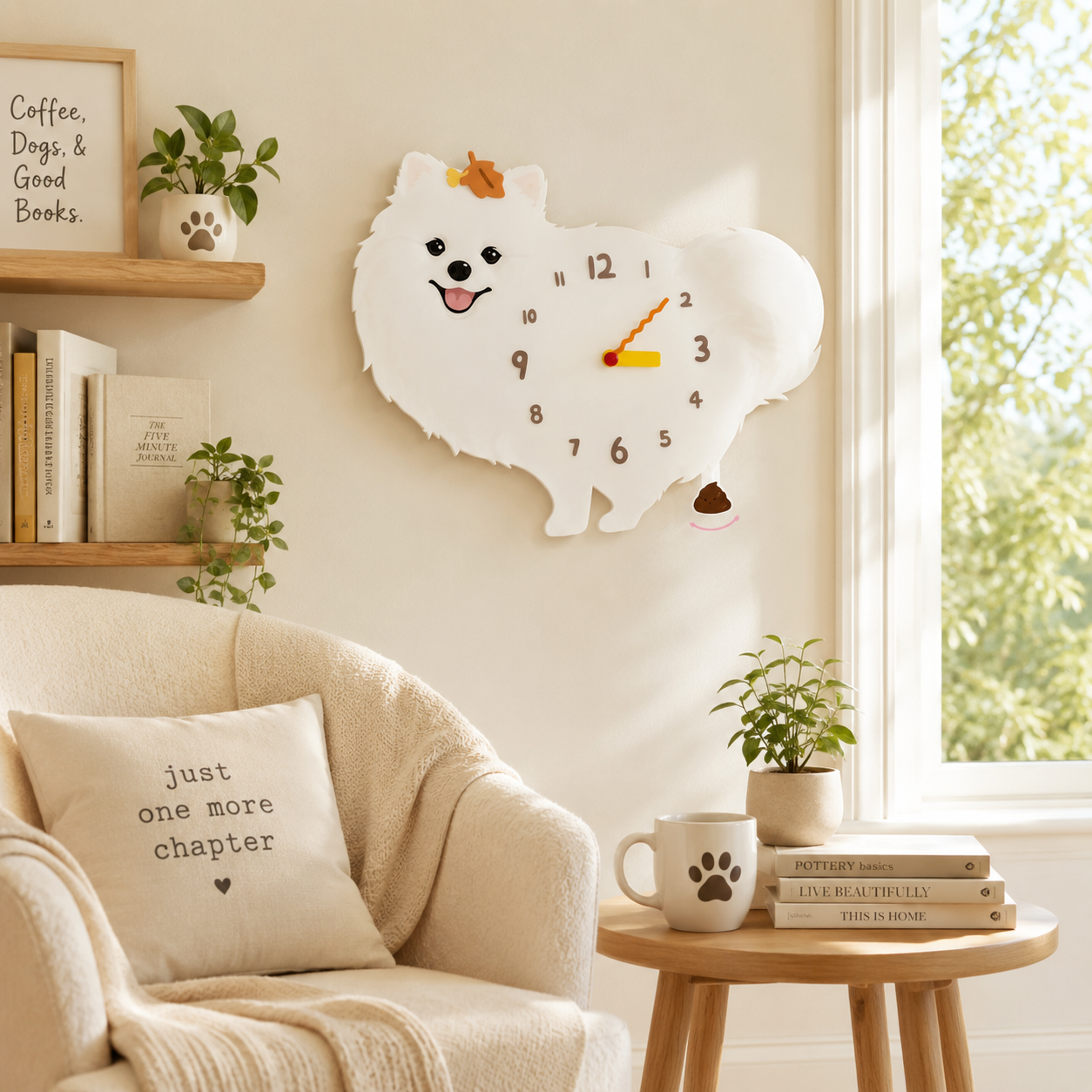 White Pomeranian gift idea with silent quartz movement and swinging poop pendulum