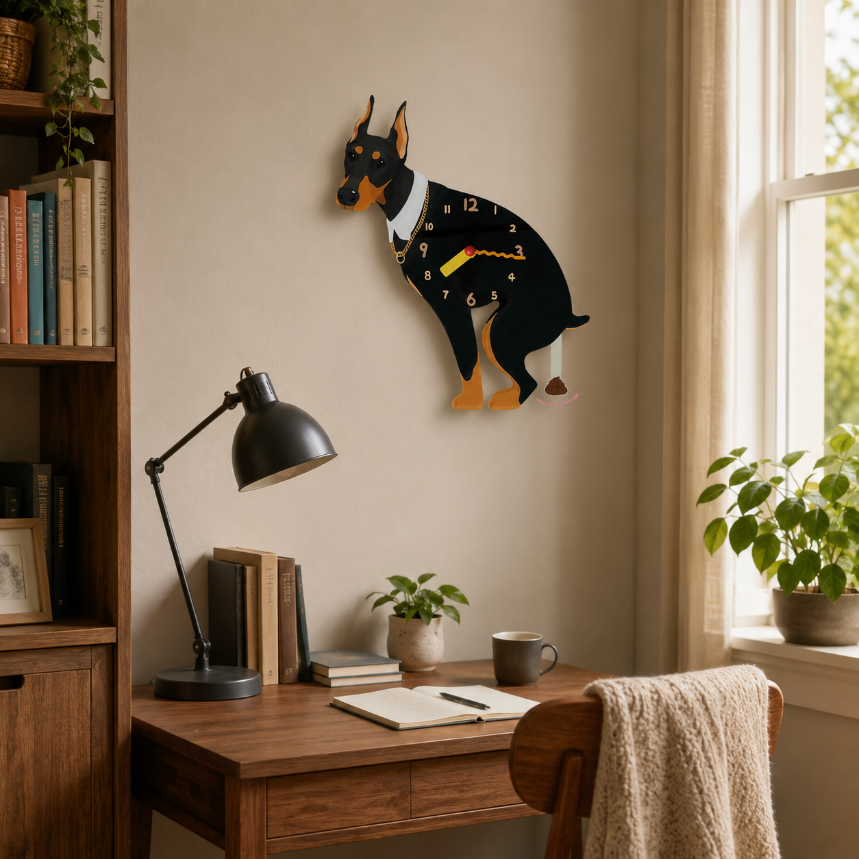 Black Doberman gift idea with silent quartz movement and swinging poop pendulum