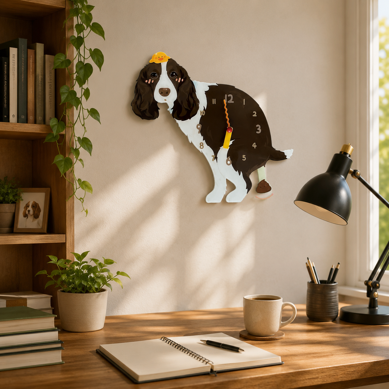 Brown Springer Spaniel gift idea with silent quartz movement and swinging poop pendulum