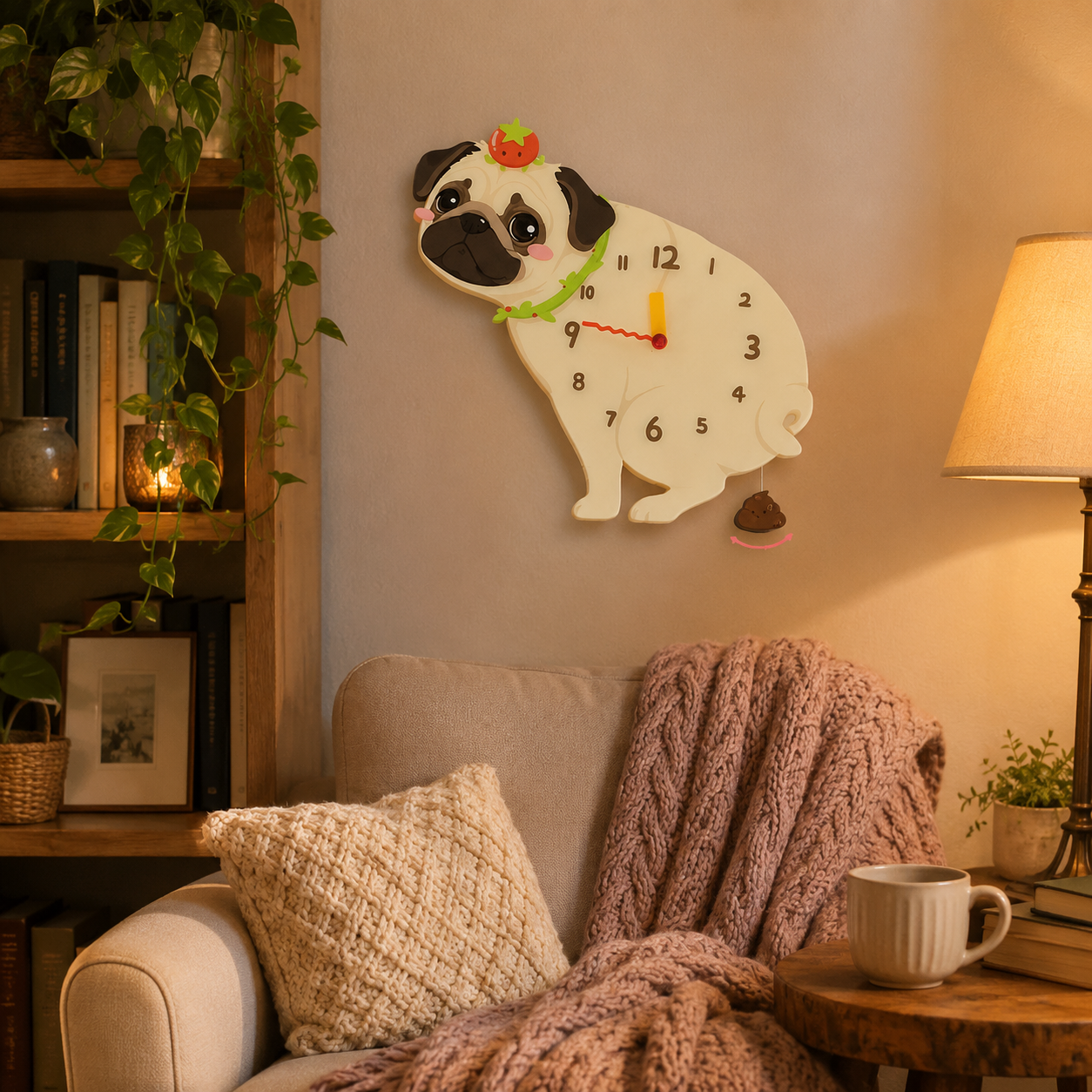 Pug gift idea with silent quartz movement and swinging poop pendulum