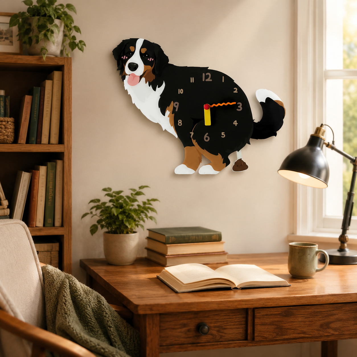 Bernese Mountain Dog gift idea with silent quartz movement and swinging poop pendulum