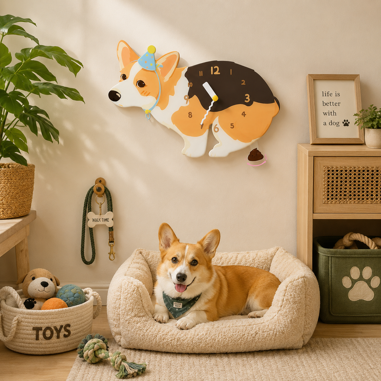 Tricolor Corgi gift idea with silent quartz movement and swinging poop pendulum