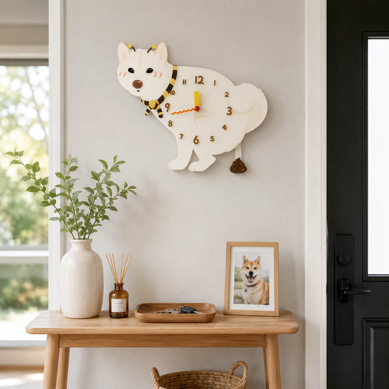 White Shiba Inu gift idea with silent quartz movement and swinging poop pendulum