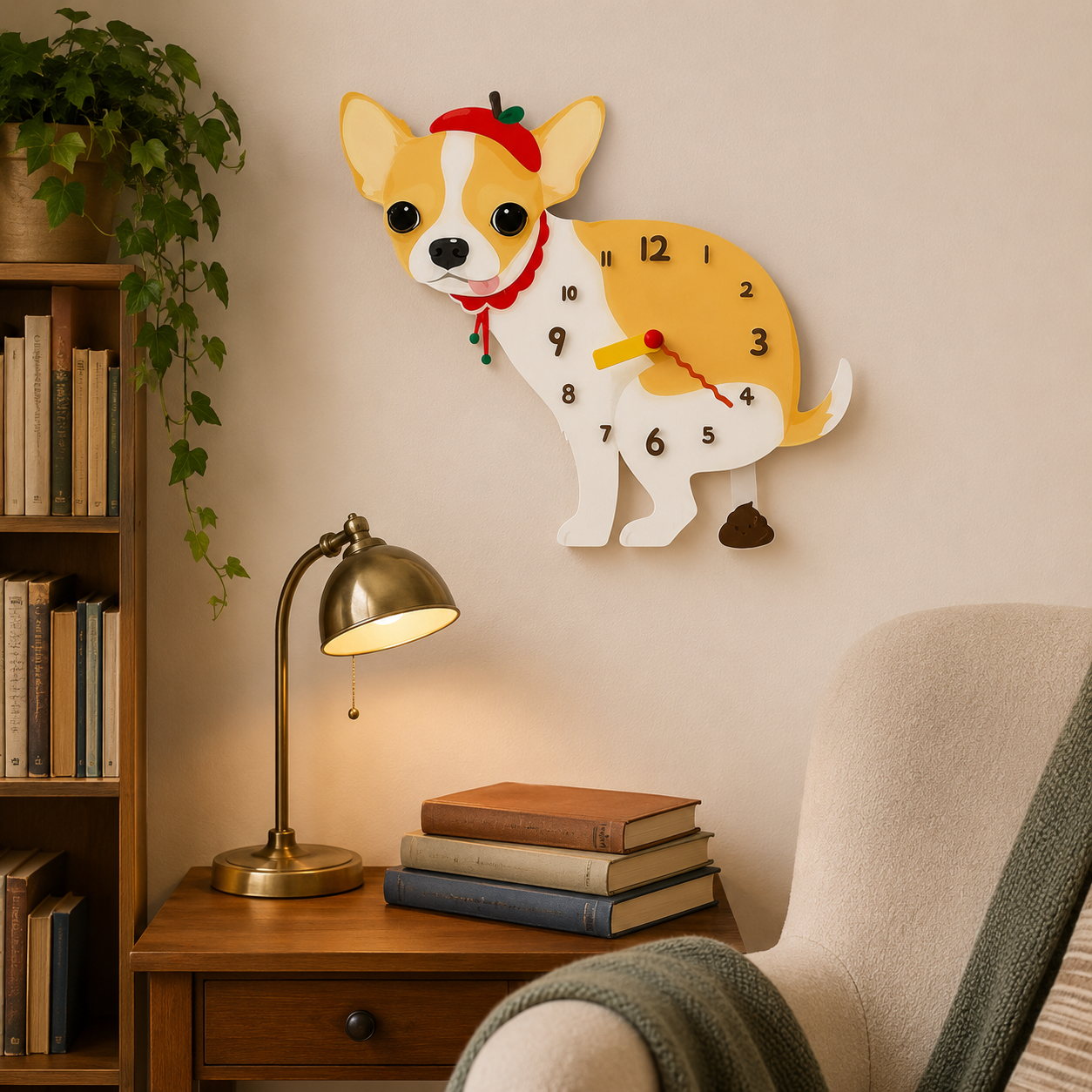 Cream Chihuahua gift idea with silent quartz movement and swinging poop pendulum
