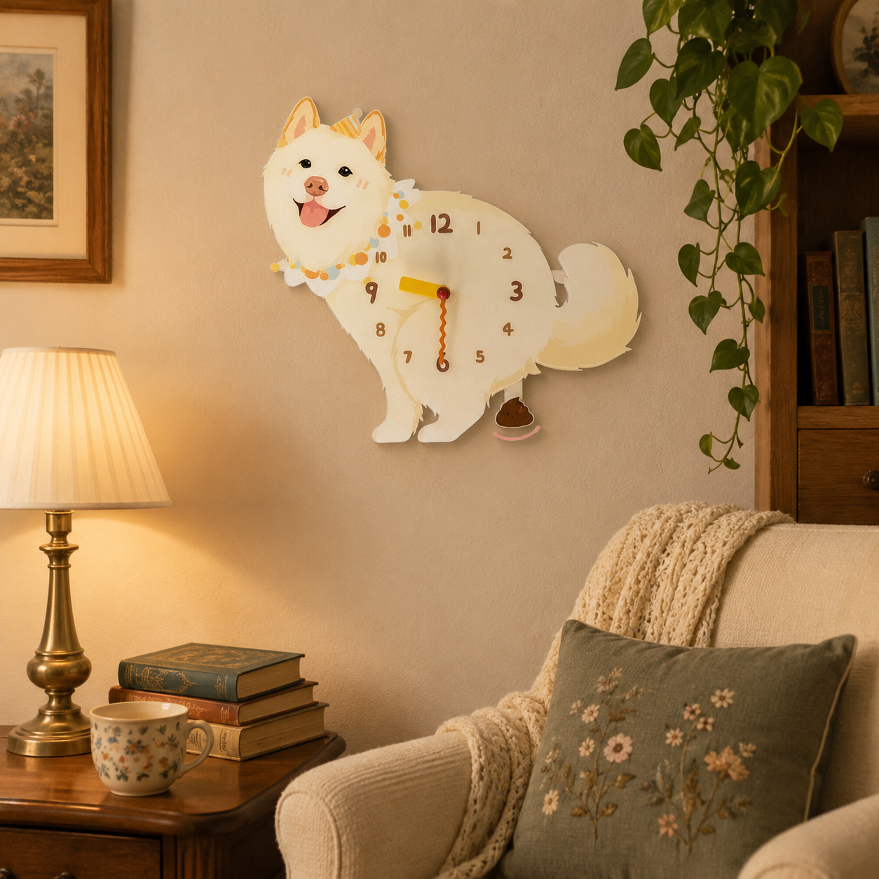 Cream Native Spitz gift idea with silent quartz movement and swinging poop pendulum