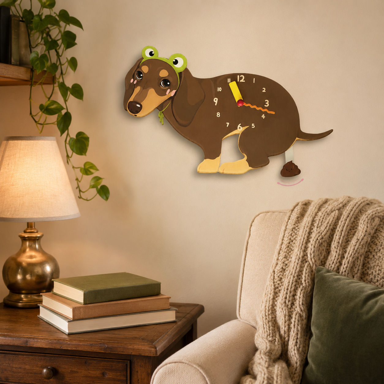 Dachshund gift idea with silent quartz movement and swinging poop pendulum