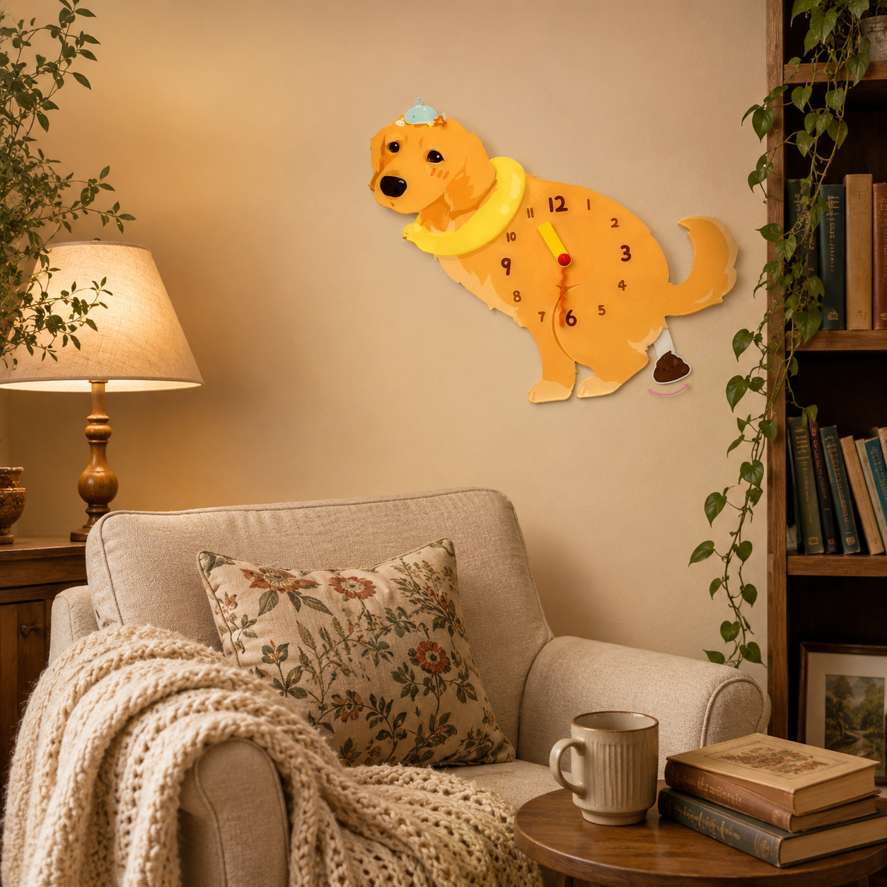 Light Golden Retriever gift idea with silent quartz movement and swinging poop pendulum
