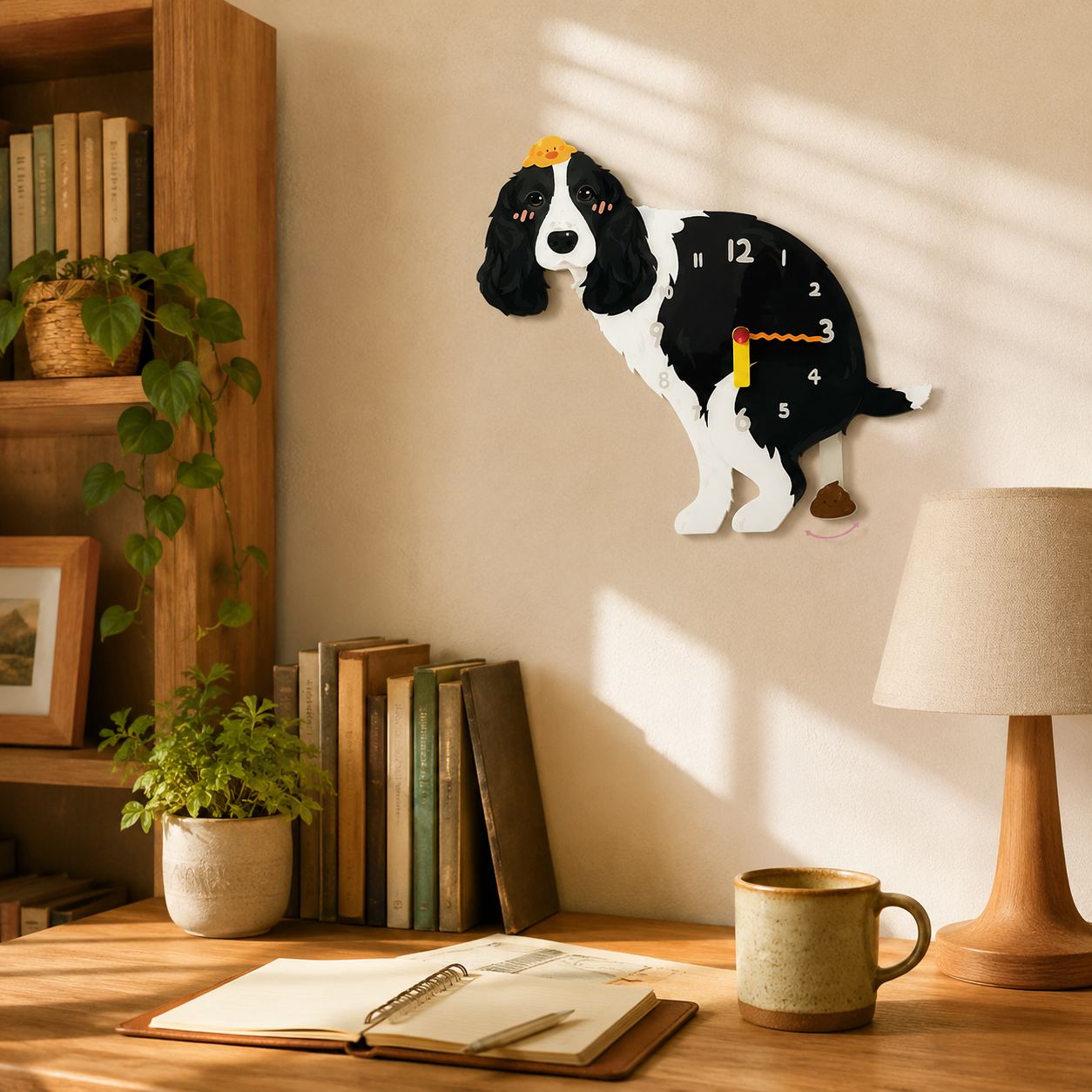 Black Springer Spaniel gift idea with silent quartz movement and swinging poop pendulum
