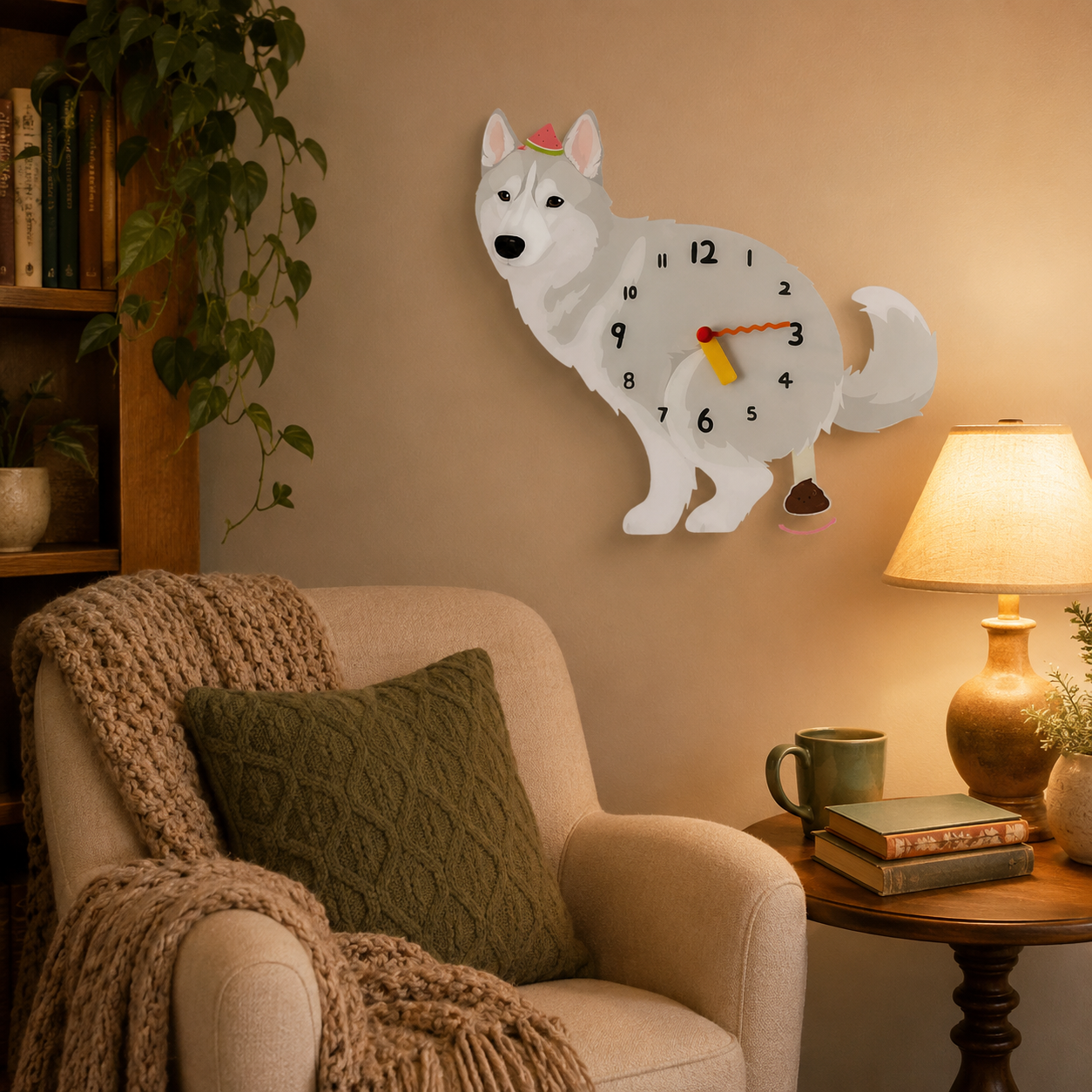 Gray Husky gift idea with silent quartz movement and swinging poop pendulum