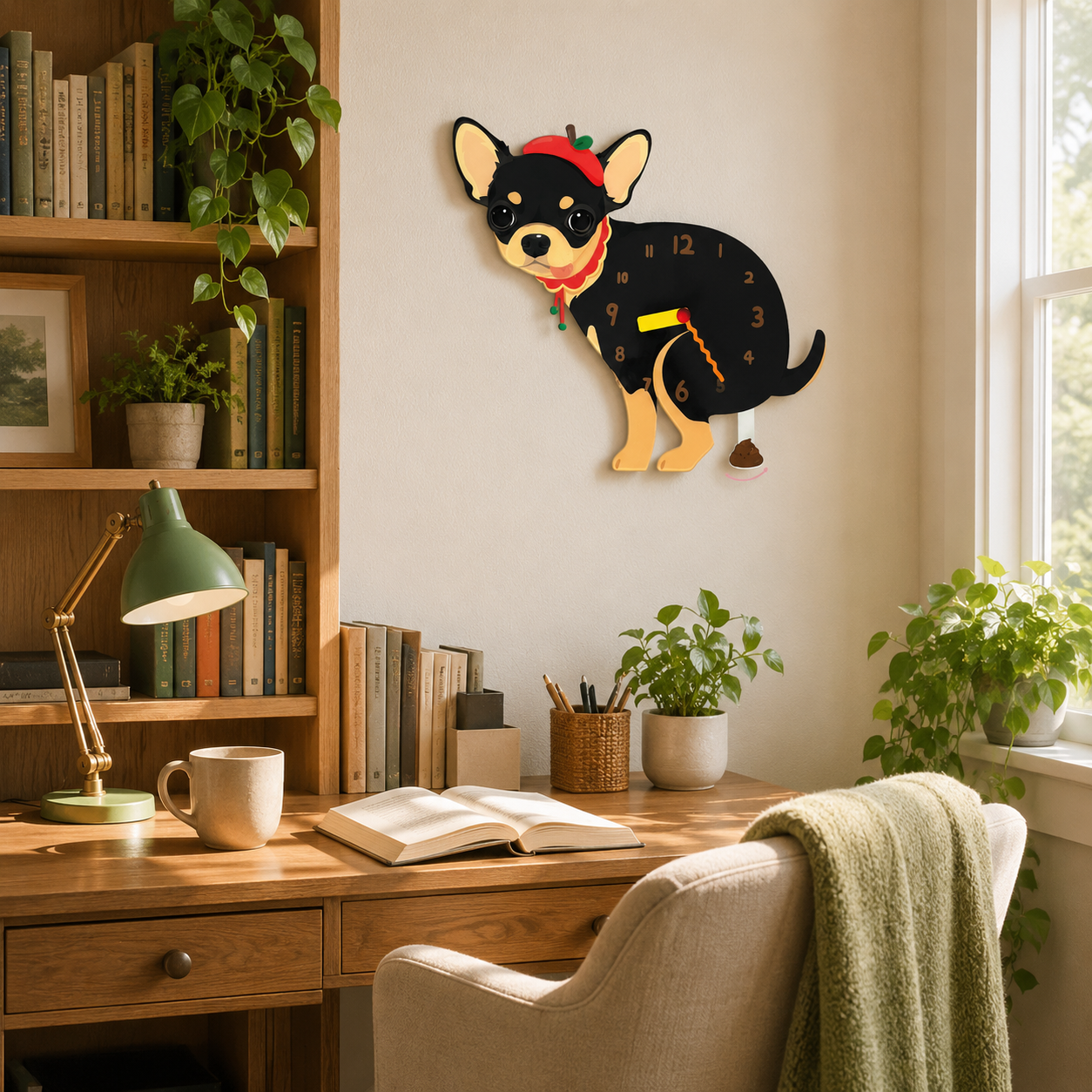 Black and Tan Chihuahua gift idea with silent quartz movement and swinging poop pendulum