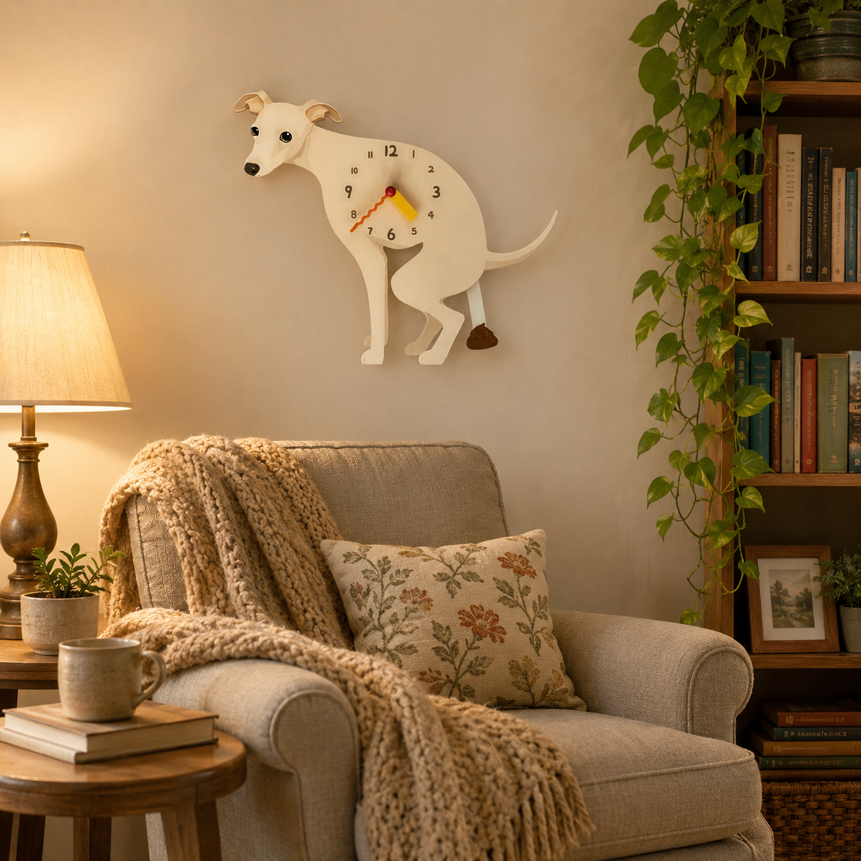 Latte Greyhound gift idea with silent quartz movement and swinging poop pendulum