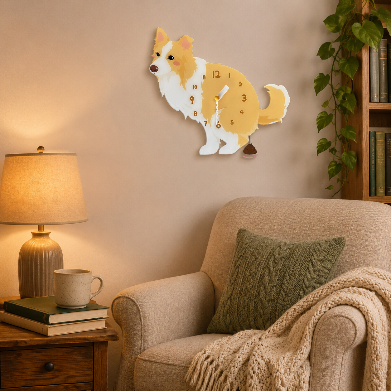 Golden Border Collie gift idea with silent quartz movement and swinging poop pendulum