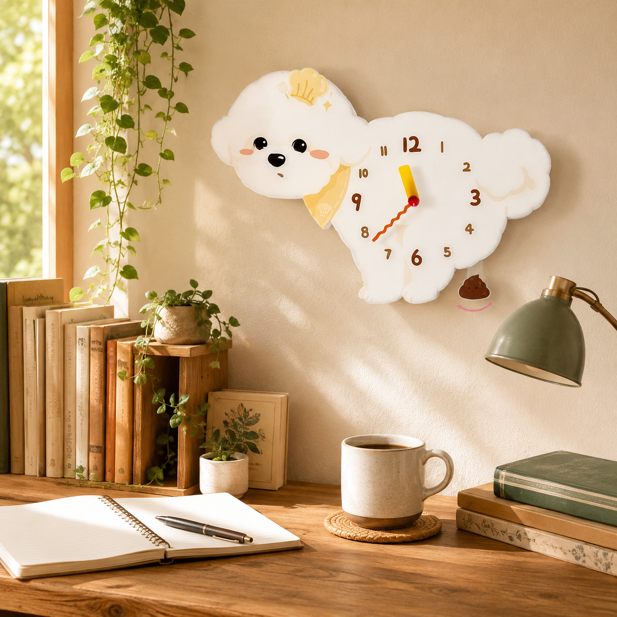 Chef Bichon Frise gift idea with silent quartz movement and swinging poop pendulum
