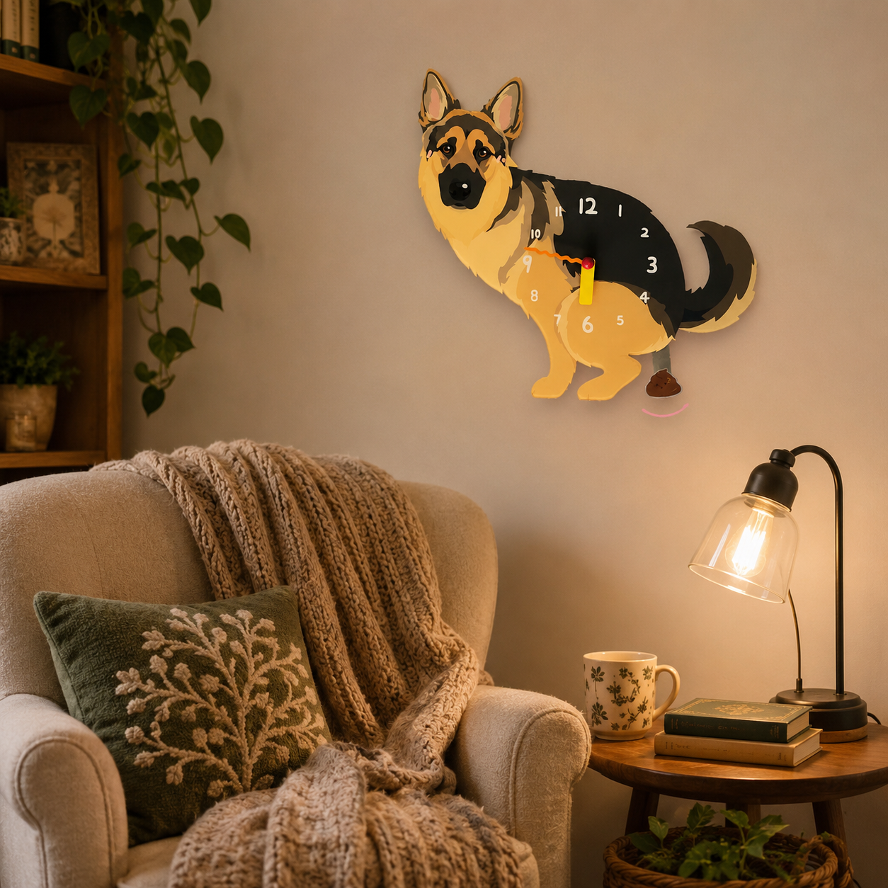 German Shepherd gift idea with silent quartz movement and swinging poop pendulum