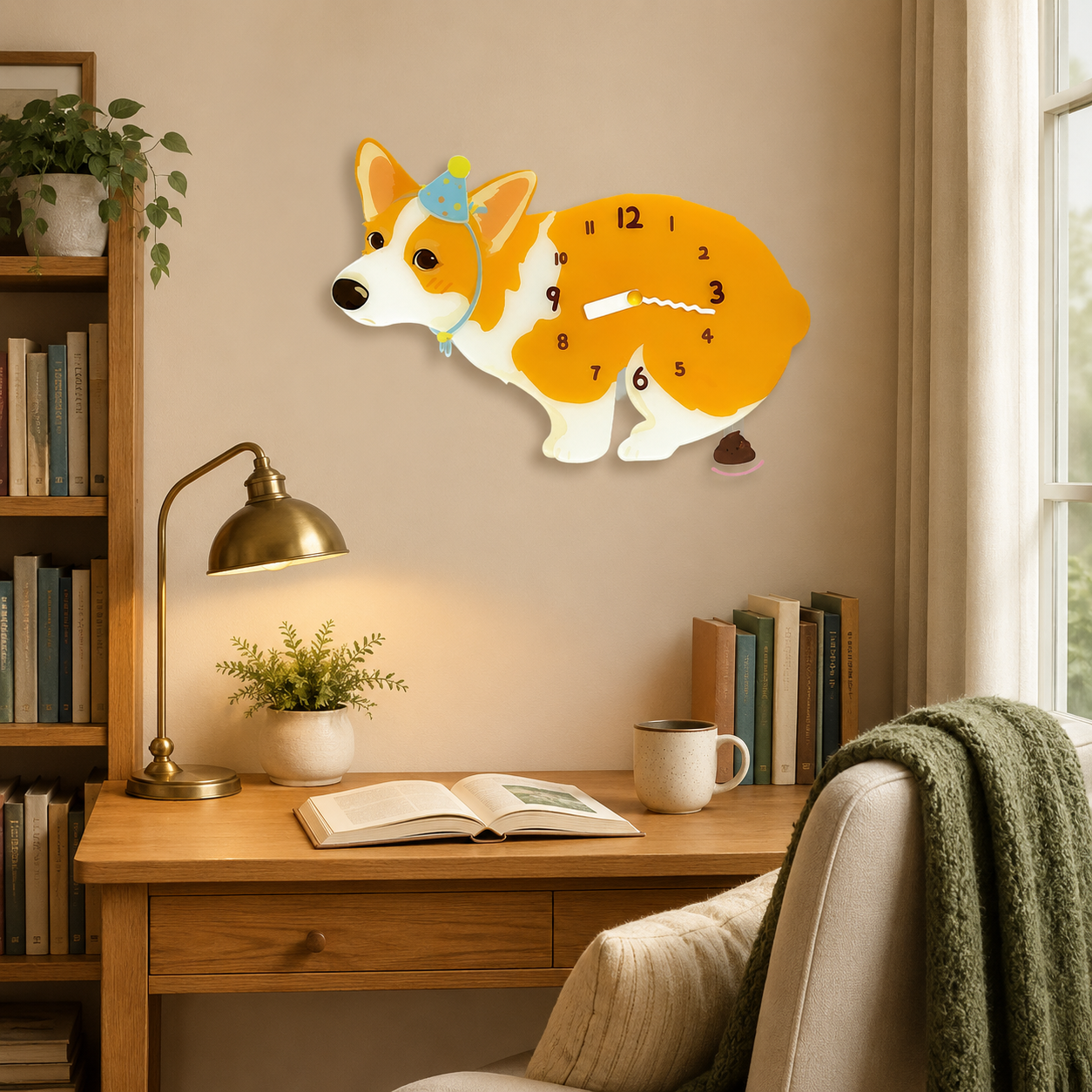 Bicolor Corgi gift idea with silent quartz movement and swinging poop pendulum