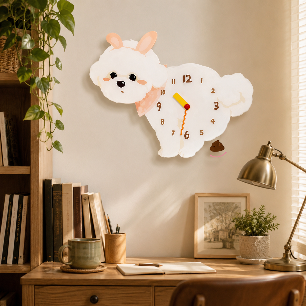 Bunny Bichon Frise gift idea with silent quartz movement and swinging poop pendulum