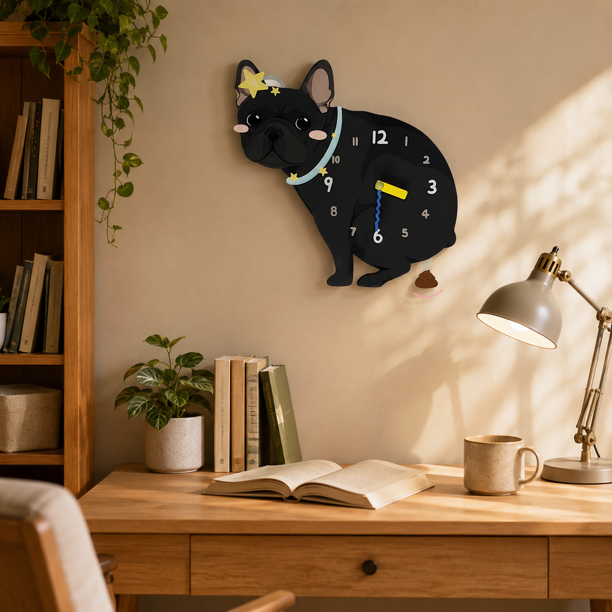 Black French Bulldog gift idea with silent quartz movement and swinging poop pendulum