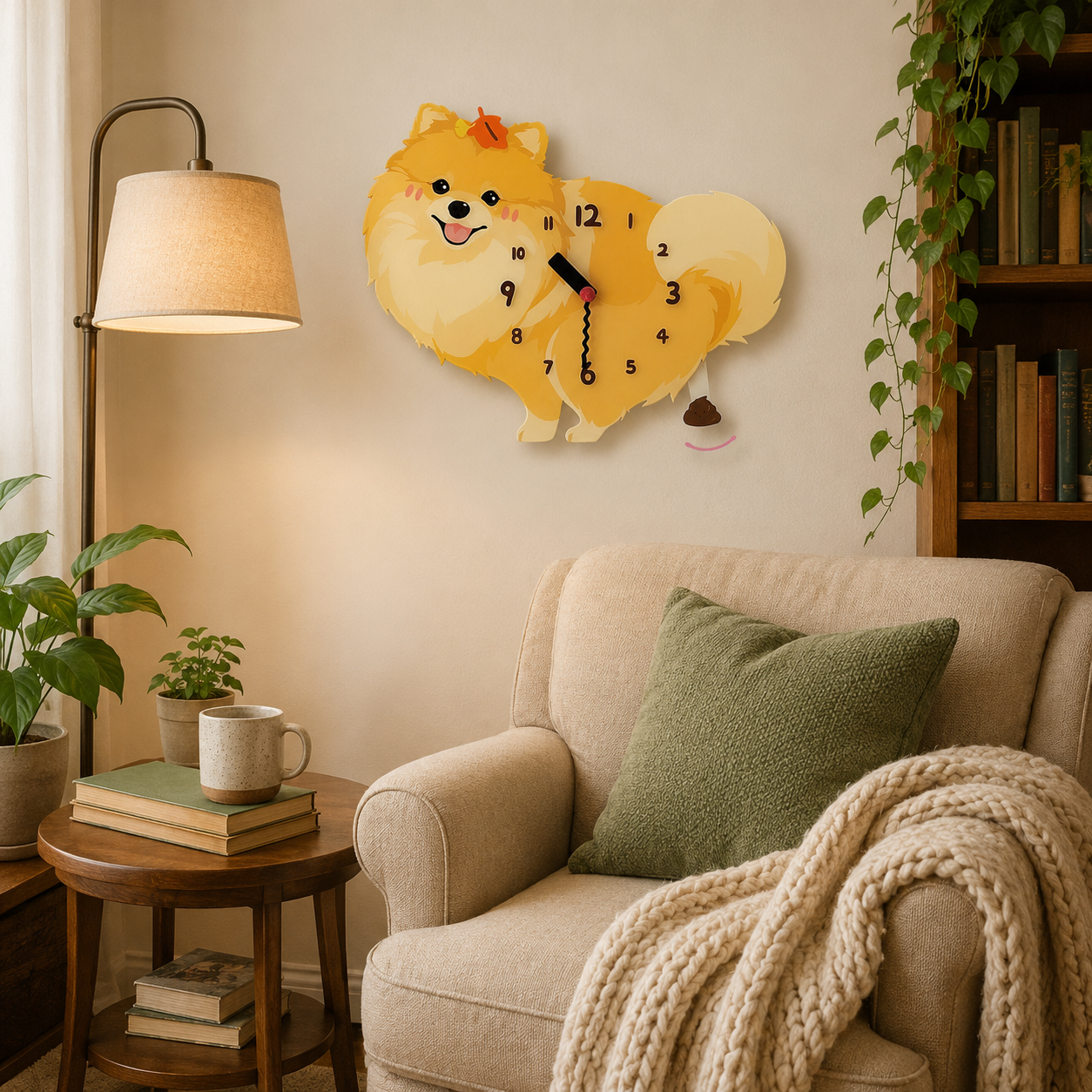 Yellow Pomeranian gift idea with silent quartz movement and swinging poop pendulum