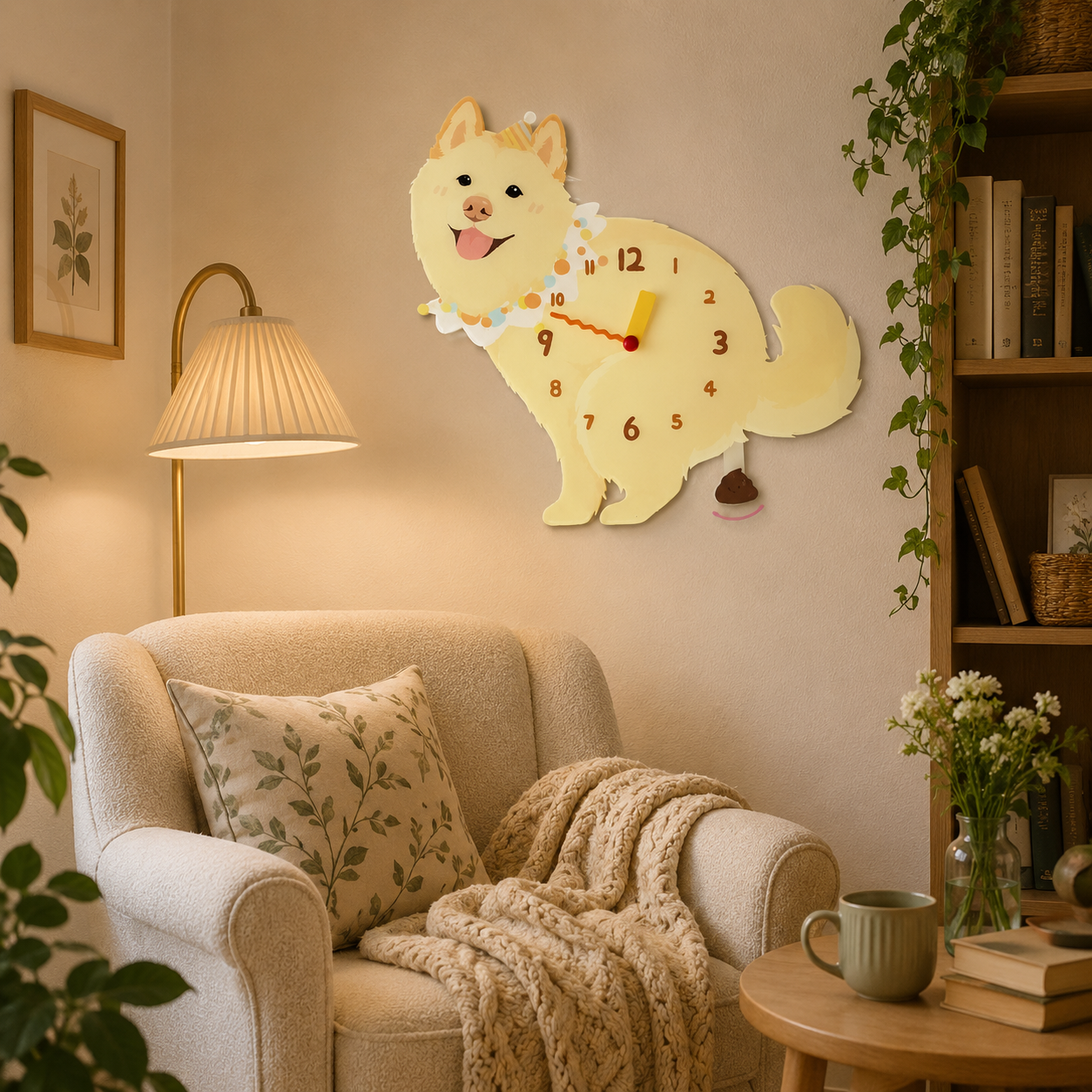 Yellow Native Spitz gift idea with silent quartz movement and swinging poop pendulum