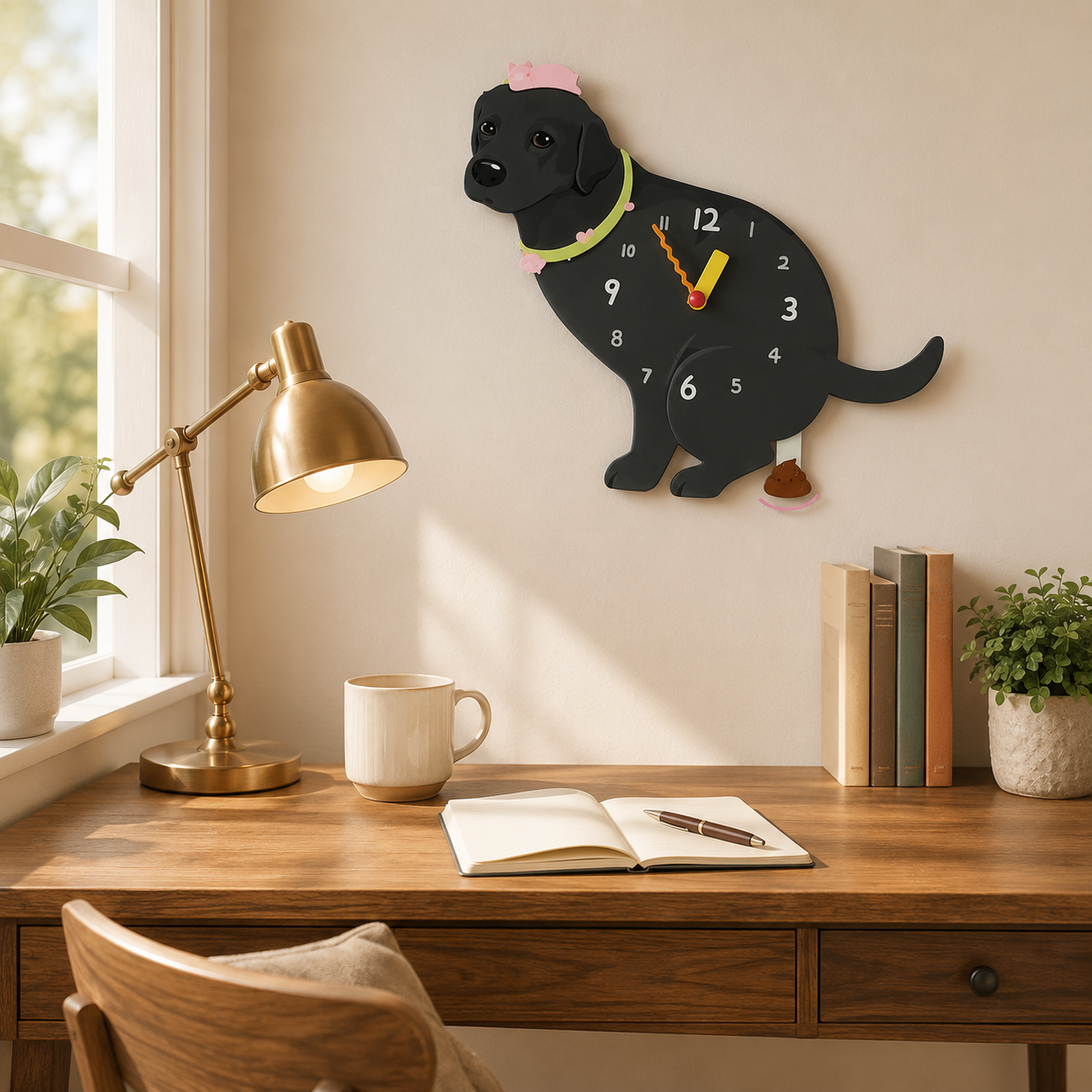 Black Labrador Retriever gift idea with silent quartz movement and swinging poop pendulum