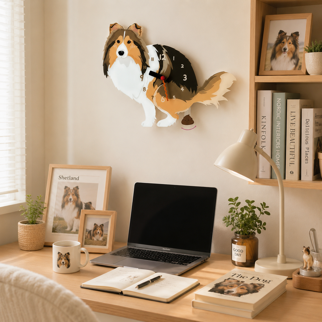 Shetland Sheepdog gift idea with silent quartz movement and swinging poop pendulum