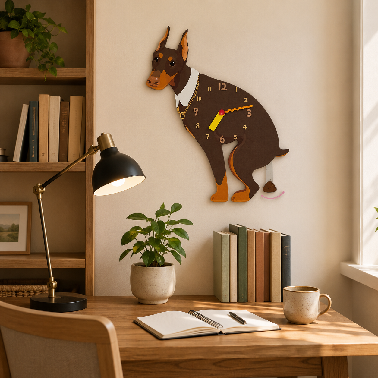 Brown Doberman gift idea with silent quartz movement and swinging poop pendulum