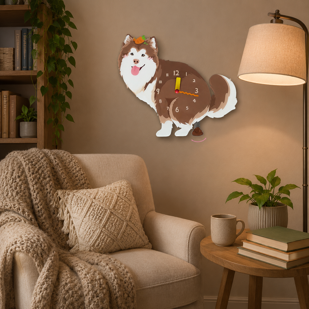 Red Peach Alaskan Malamute gift idea with silent quartz movement and swinging poop pendulum