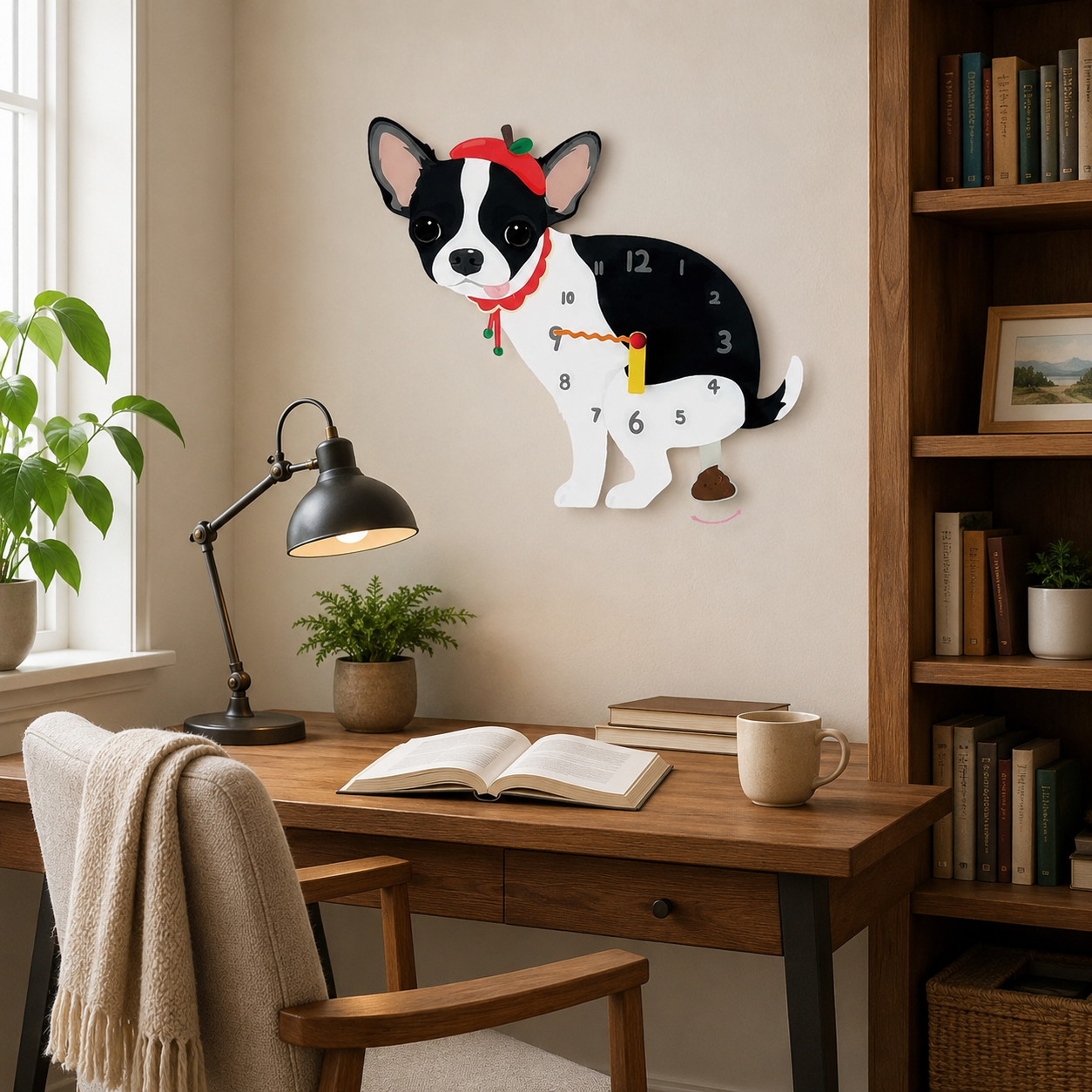 Black and White Chihuahua gift idea with silent quartz movement and swinging poop pendulum