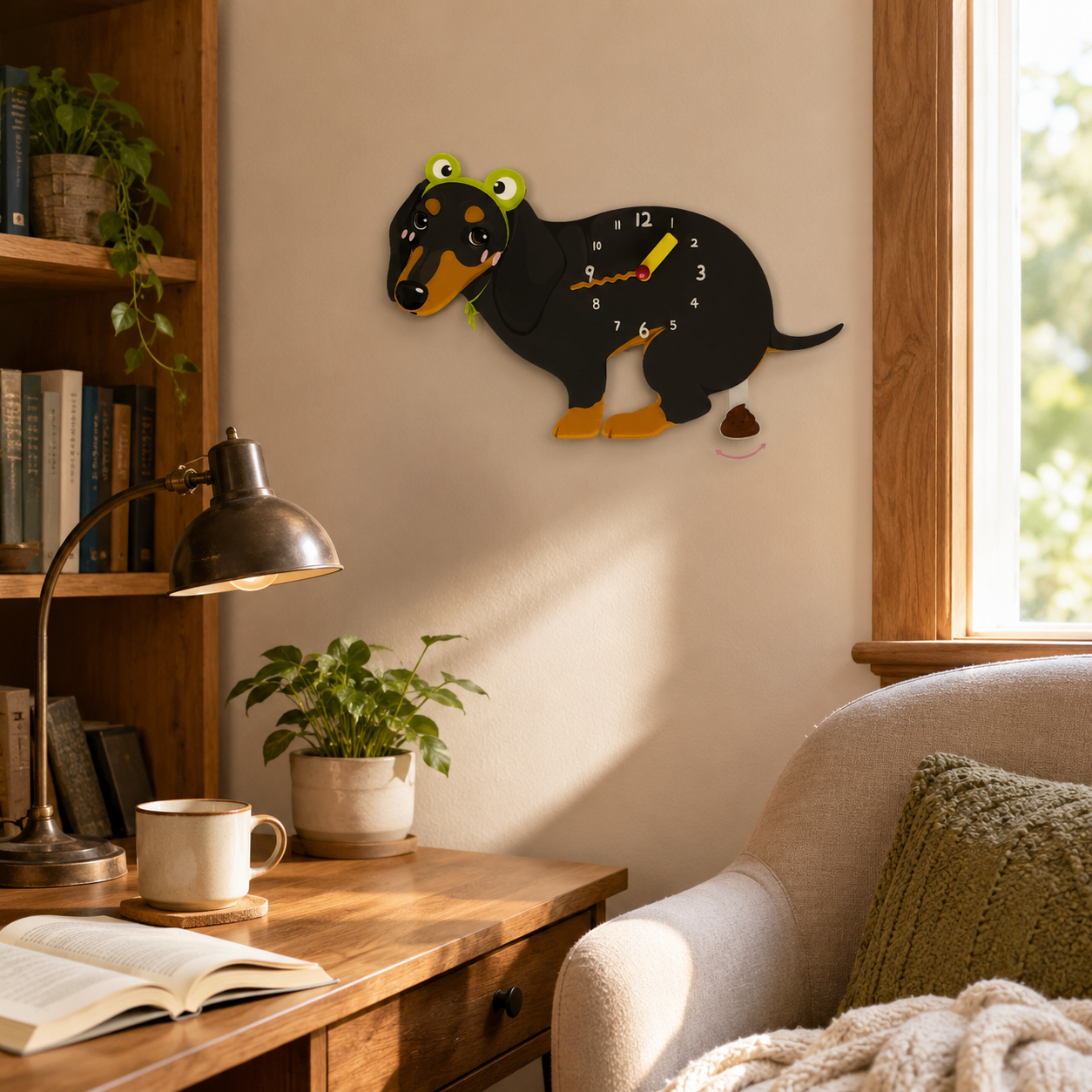Black and Tan Dachshund gift idea with silent quartz movement and swinging poop pendulum