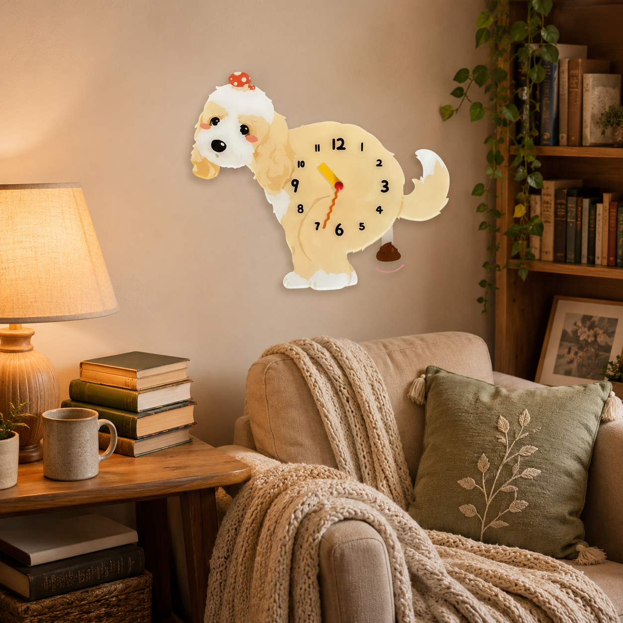 Light Cockapoo gift idea with silent quartz movement and swinging poop pendulum