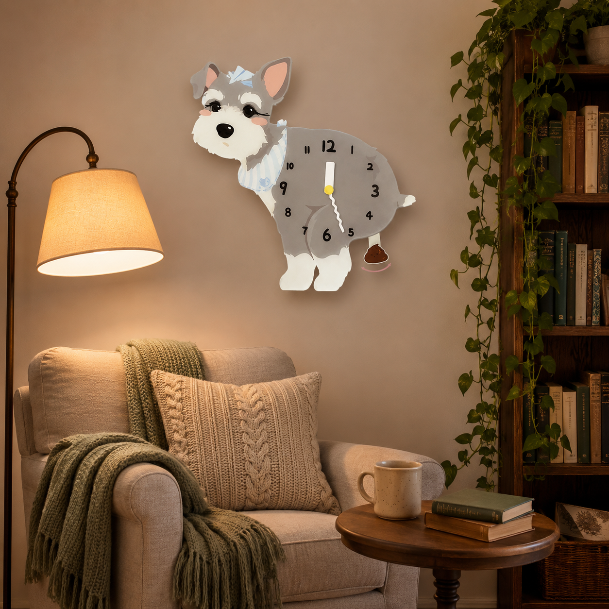 Light Schnauzer gift idea with silent quartz movement and swinging poop pendulum