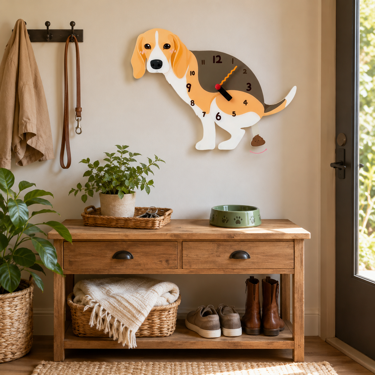 Beagle gift idea with silent quartz movement and swinging poop pendulum