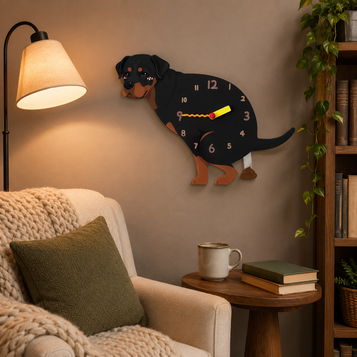 Rottweiler gift idea with silent quartz movement and swinging poop pendulum