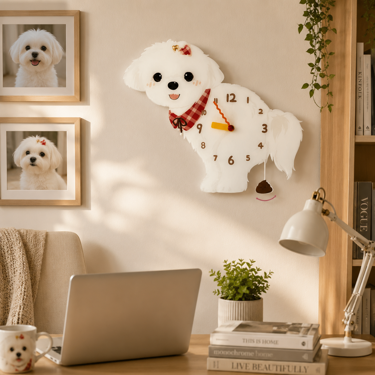 Maltese gift idea with silent quartz movement and swinging poop pendulum