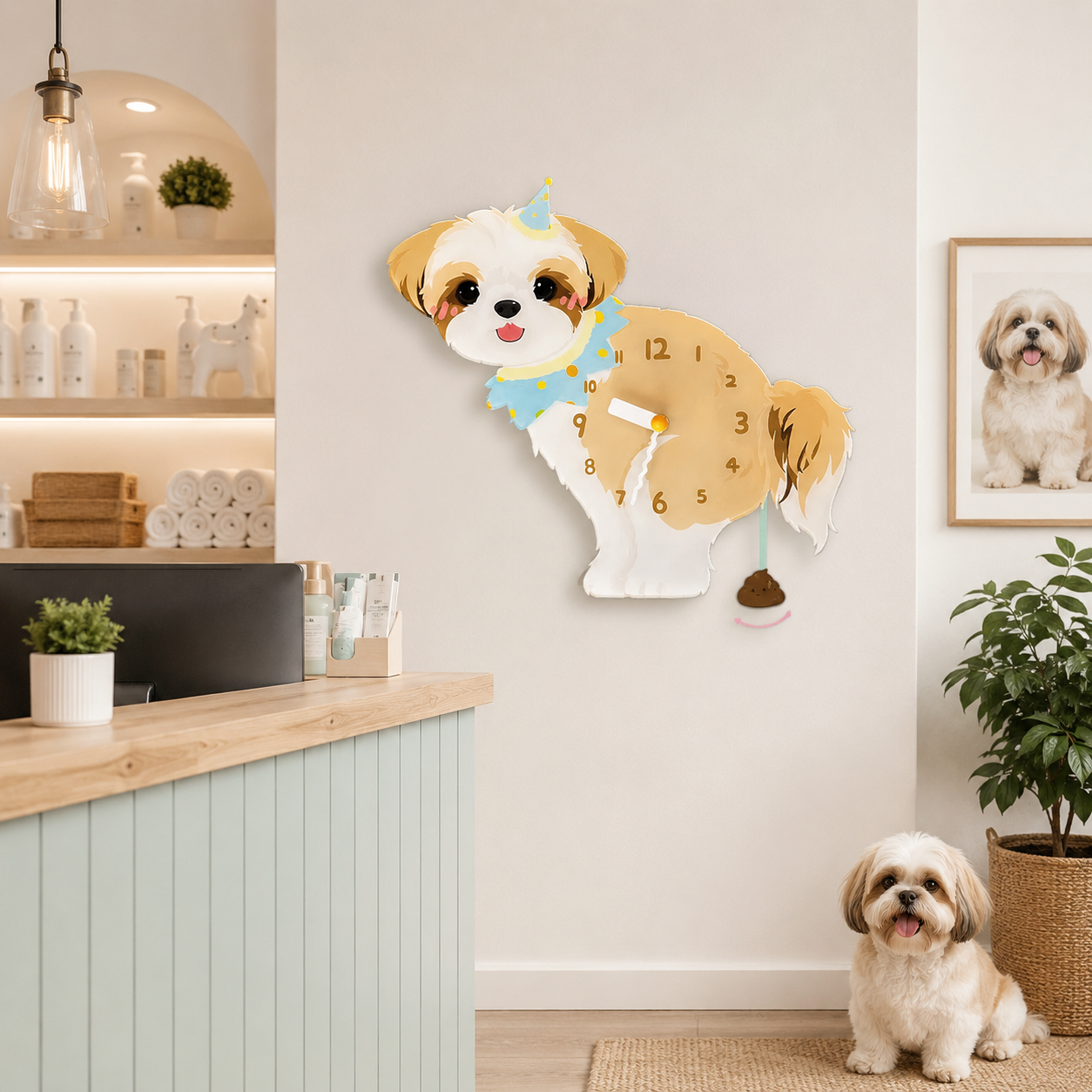 Shih Tzu gift idea with silent quartz movement and swinging poop pendulum