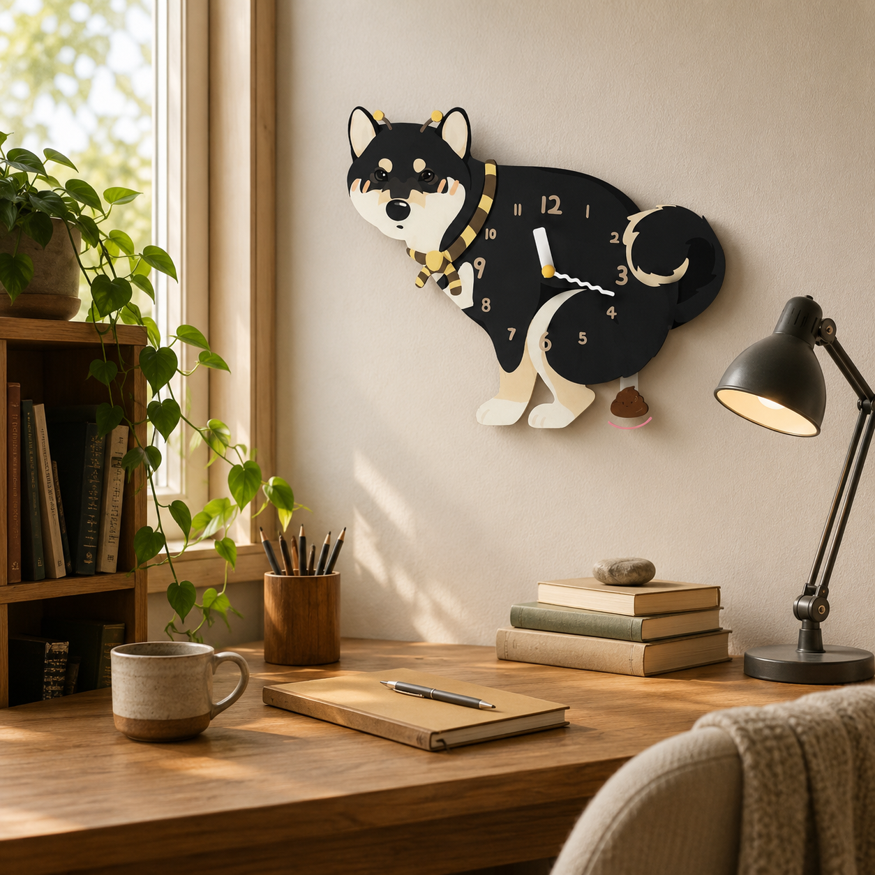 Black Shiba Inu gift idea with silent quartz movement and swinging poop pendulum