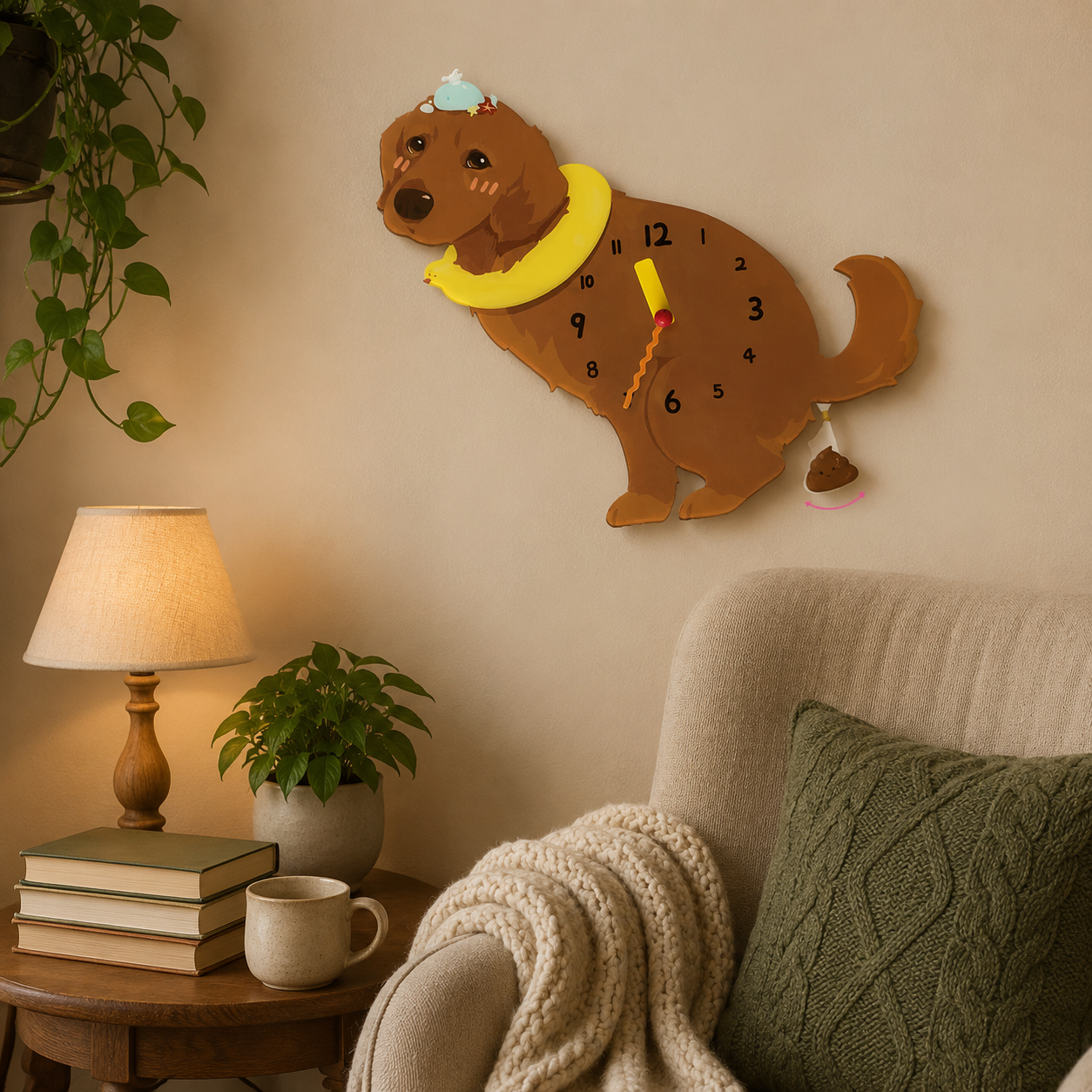 Dark Golden Retriever gift idea with silent quartz movement and swinging poop pendulum