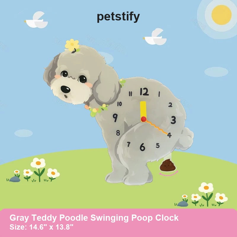 Gray Teddy Poodle Petstify dog wall clock product artwork with swinging poop pendulum