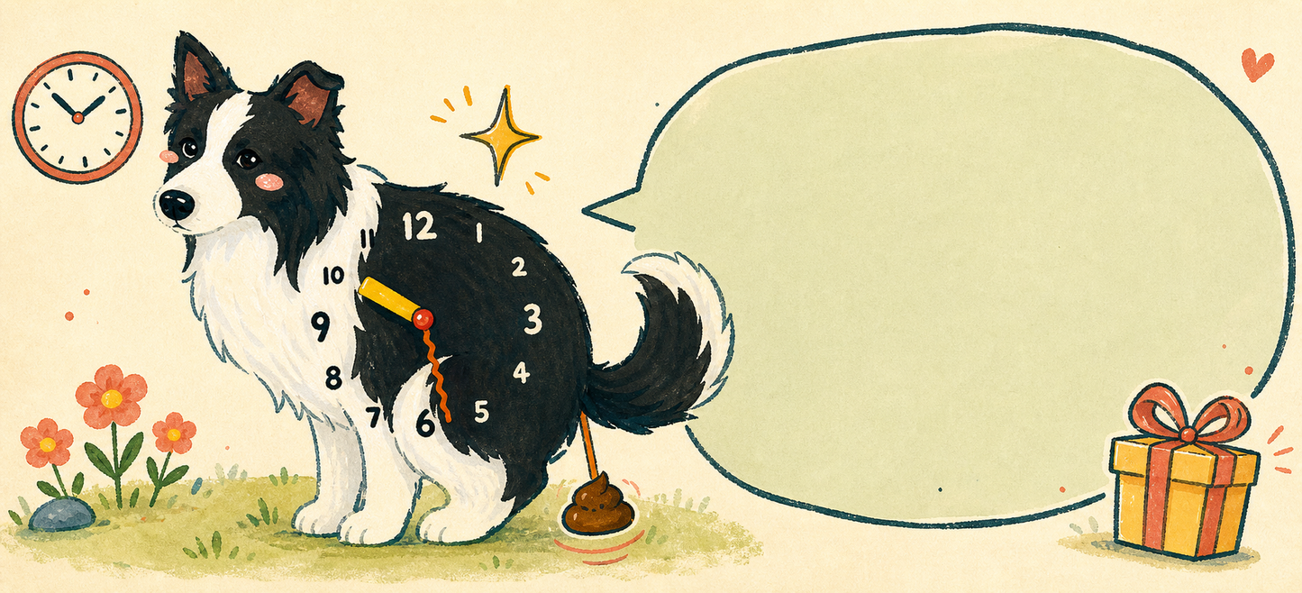 Petstify comic illustration of a Black and White Border Collie wall clock with swinging poop pendulum