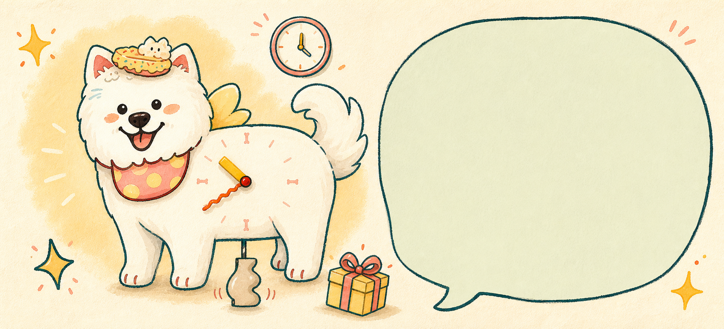 Petstify comic illustration of a Samoyed wall clock with swinging poop pendulum