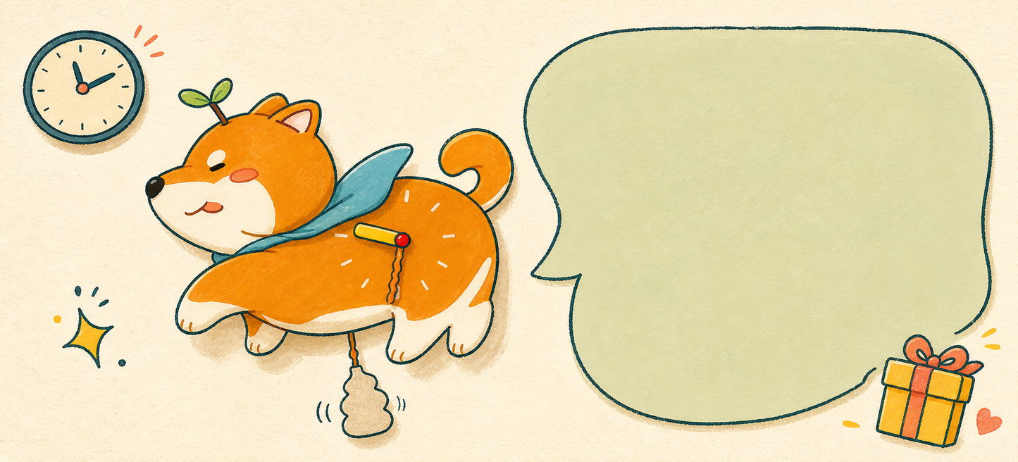 Petstify comic illustration of a Shiba Inu wall clock with swinging poop pendulum