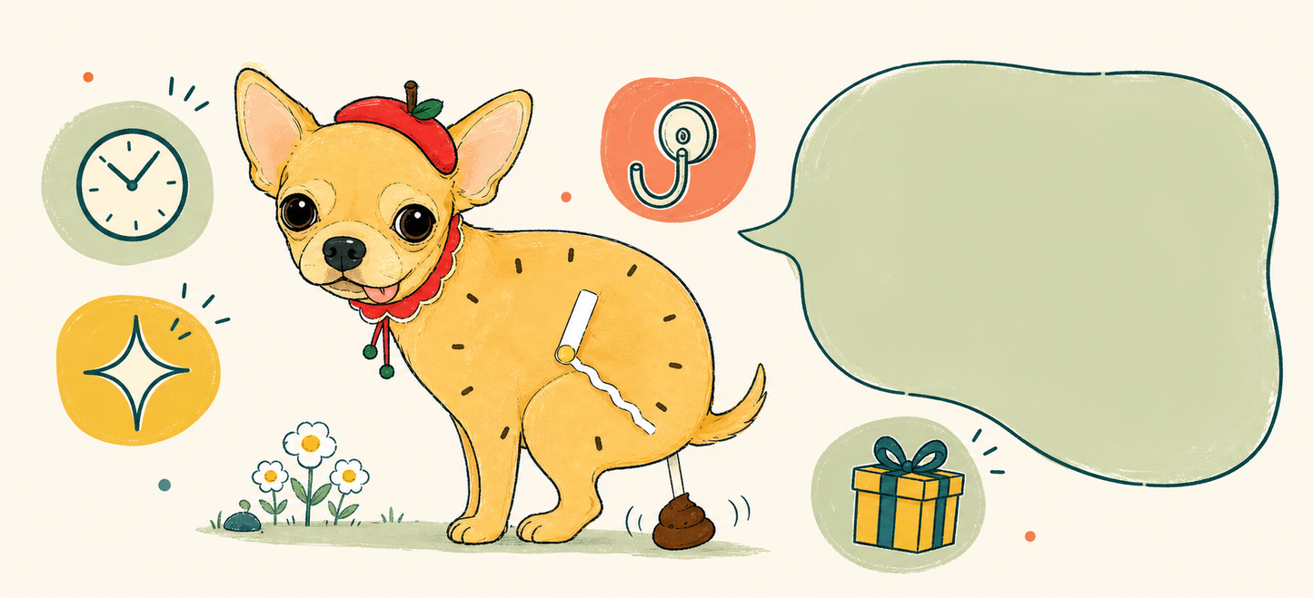 Petstify comic illustration of a Yellow Chihuahua clock with swinging poop pendulum