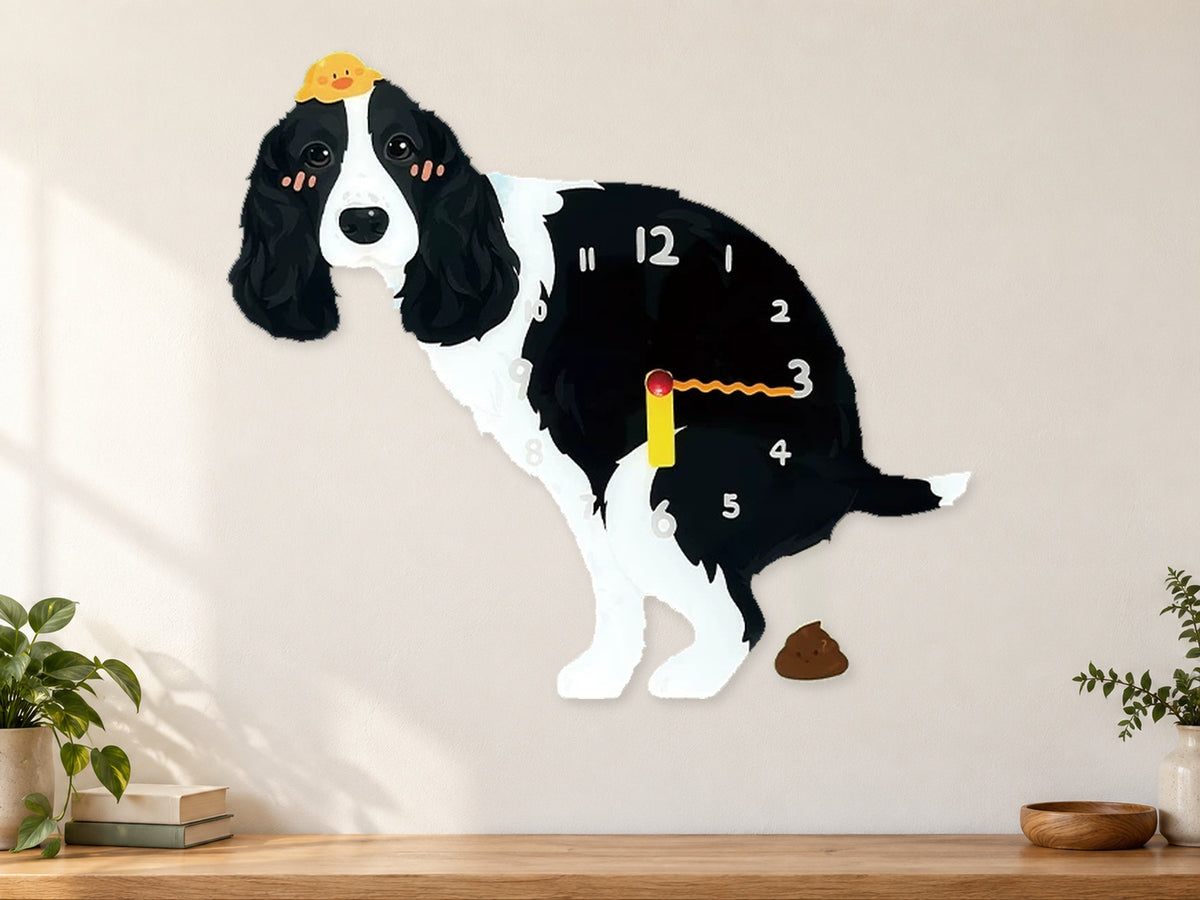 Black Springer Spaniel Wall Clock with Swinging Poop Pendulum in a supplementary room styling scene