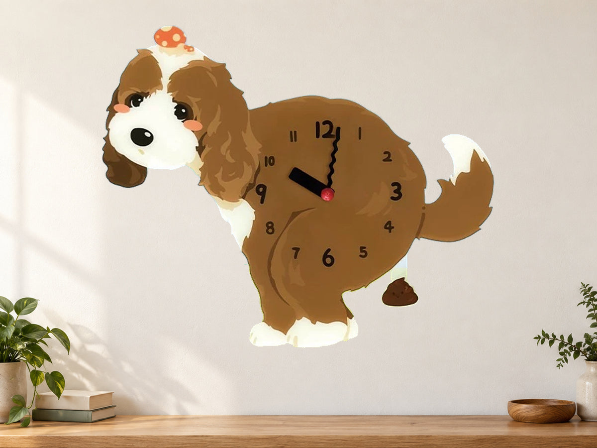Dark Cockapoo Wall Clock with Swinging Poop Pendulum in a supplementary room styling scene