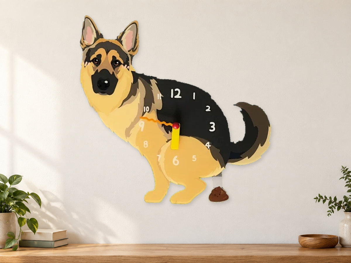 German Shepherd Wall Clock with Swinging Poop Pendulum in a supplementary room styling scene